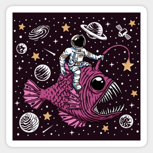 Astronaut Riding an Angler Fish // Funny Outer Space Cartoon Sticker